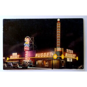 Nugget Casino Postcard Carson City Nevada Cafe Neon Signs Old Cars Automobiles